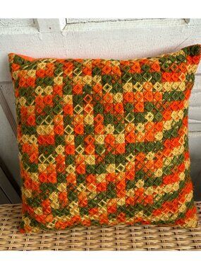 Vintage 70s Bargello Geometric Wool Needlepoint Pillow Orange/Green 14x14"